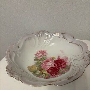 Antique c1903 JSV Germany porcelain bowl rose floral scalloped iridescent luster